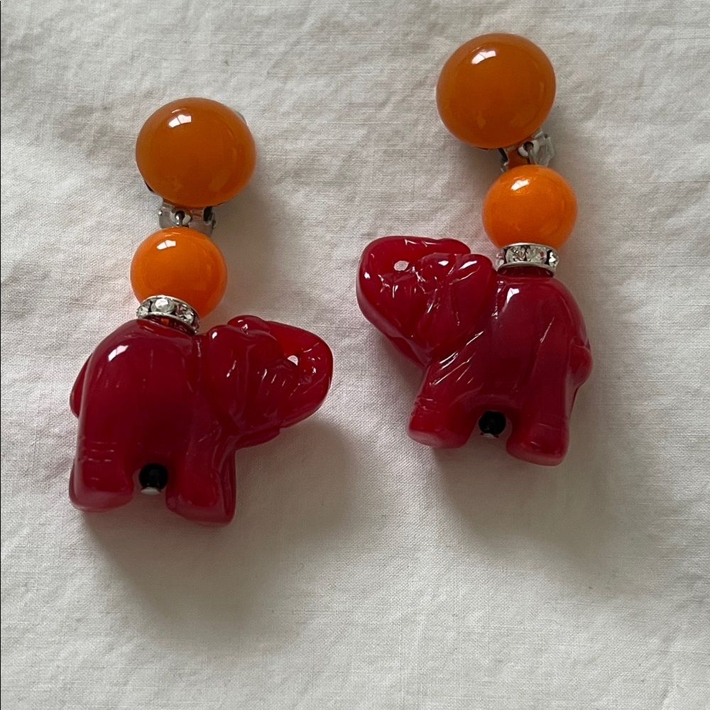 Angela Caputi Red and Orange Elephant Earrings (clip on)